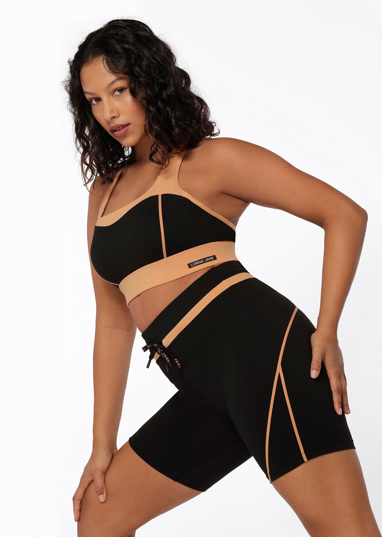 Lorna Jane Contrast Racer Bike Shorts - Black Toffee