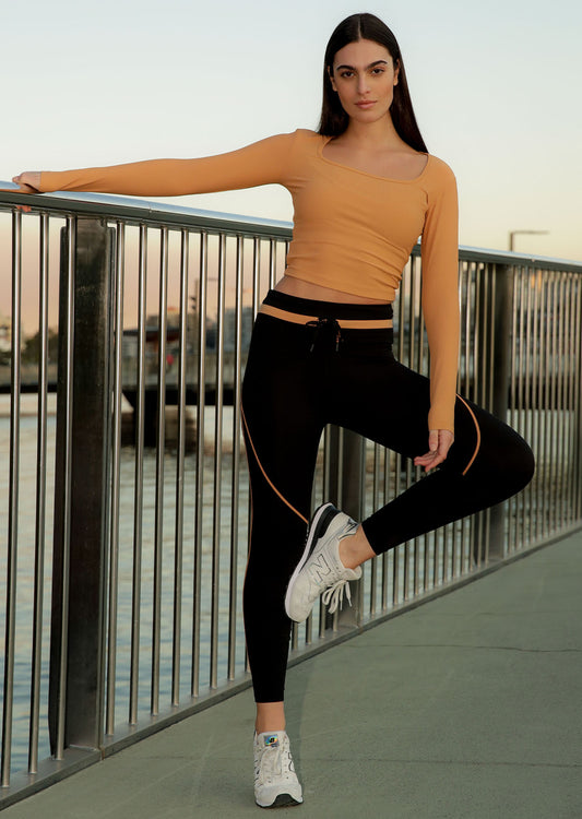 Lorna Jane Contrast Racer Full Length Leggings - Black Toffee