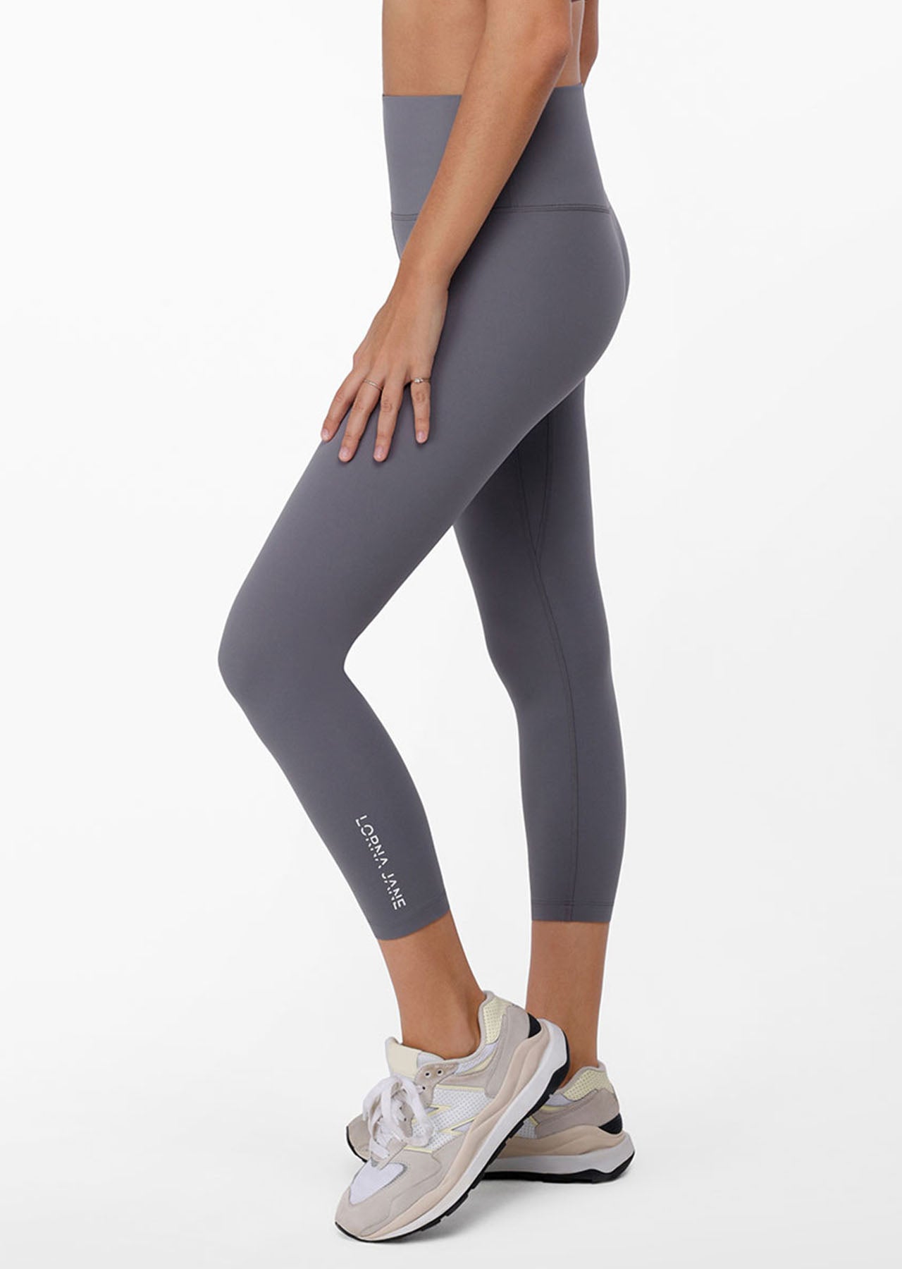 Lorna Jane Hi-Fold Lotus Ankle Biter Leggings - Mid Grey