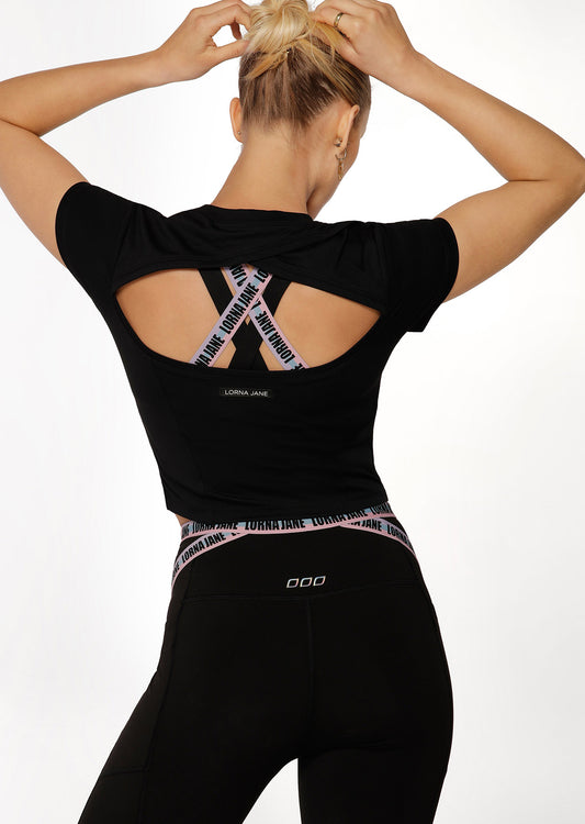Lorna Jane Cutout Active Short Sleeve Crop Top - Black
