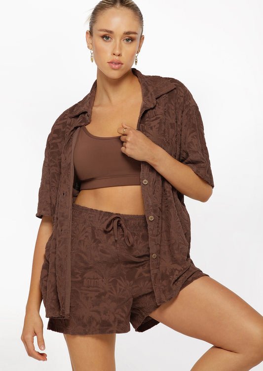 Lorna Jane Dusty Palm Towelling Shirt - Chocolate