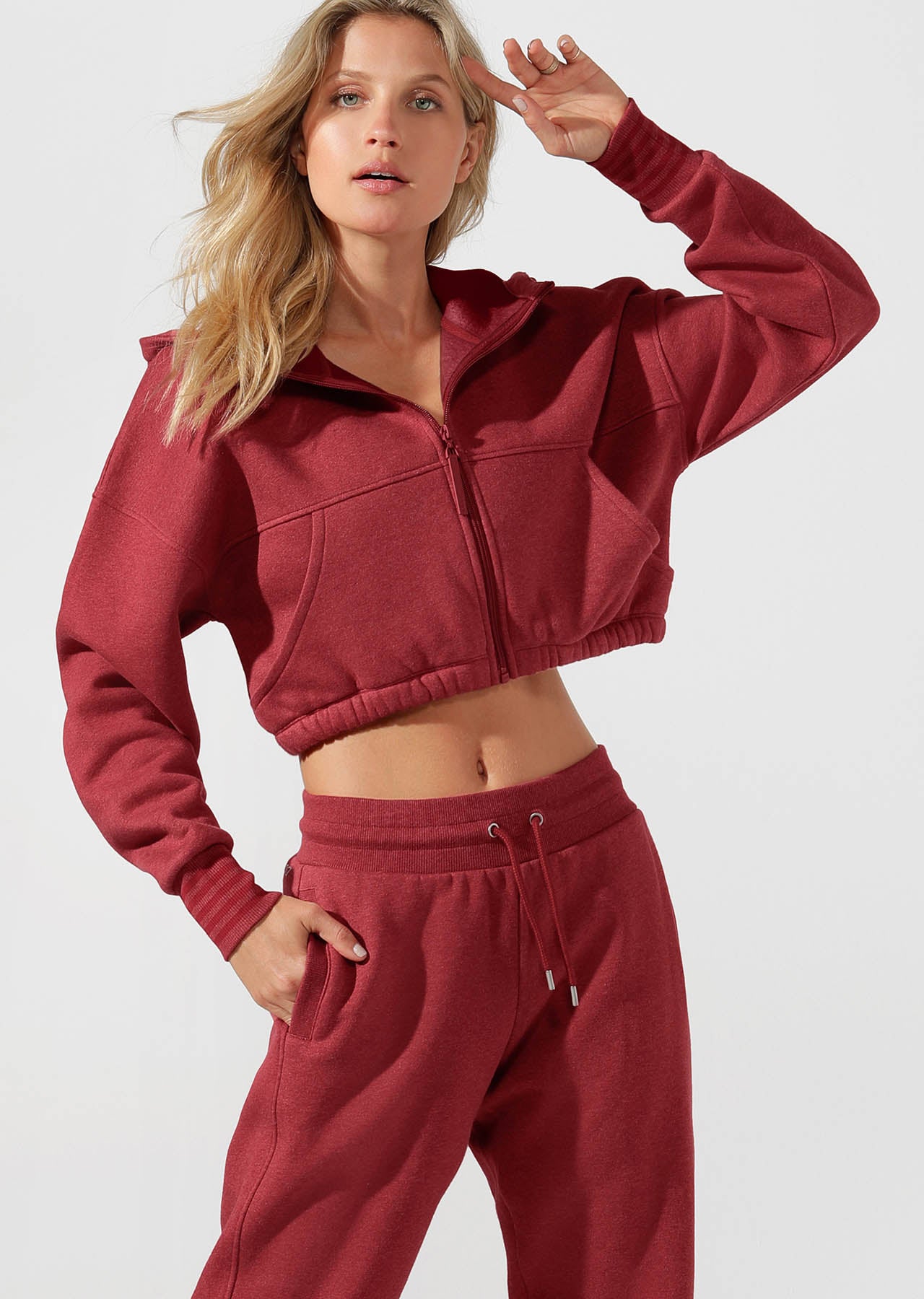 Lorna Jane Kourtney Cropped Hoodie - Dark Red Marl