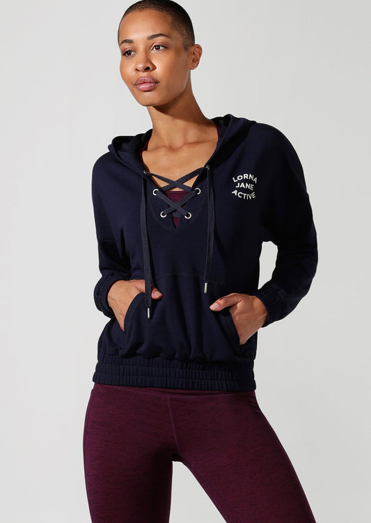 Lorna Jane Lace Up Cropped Active Hoodie - French Navy