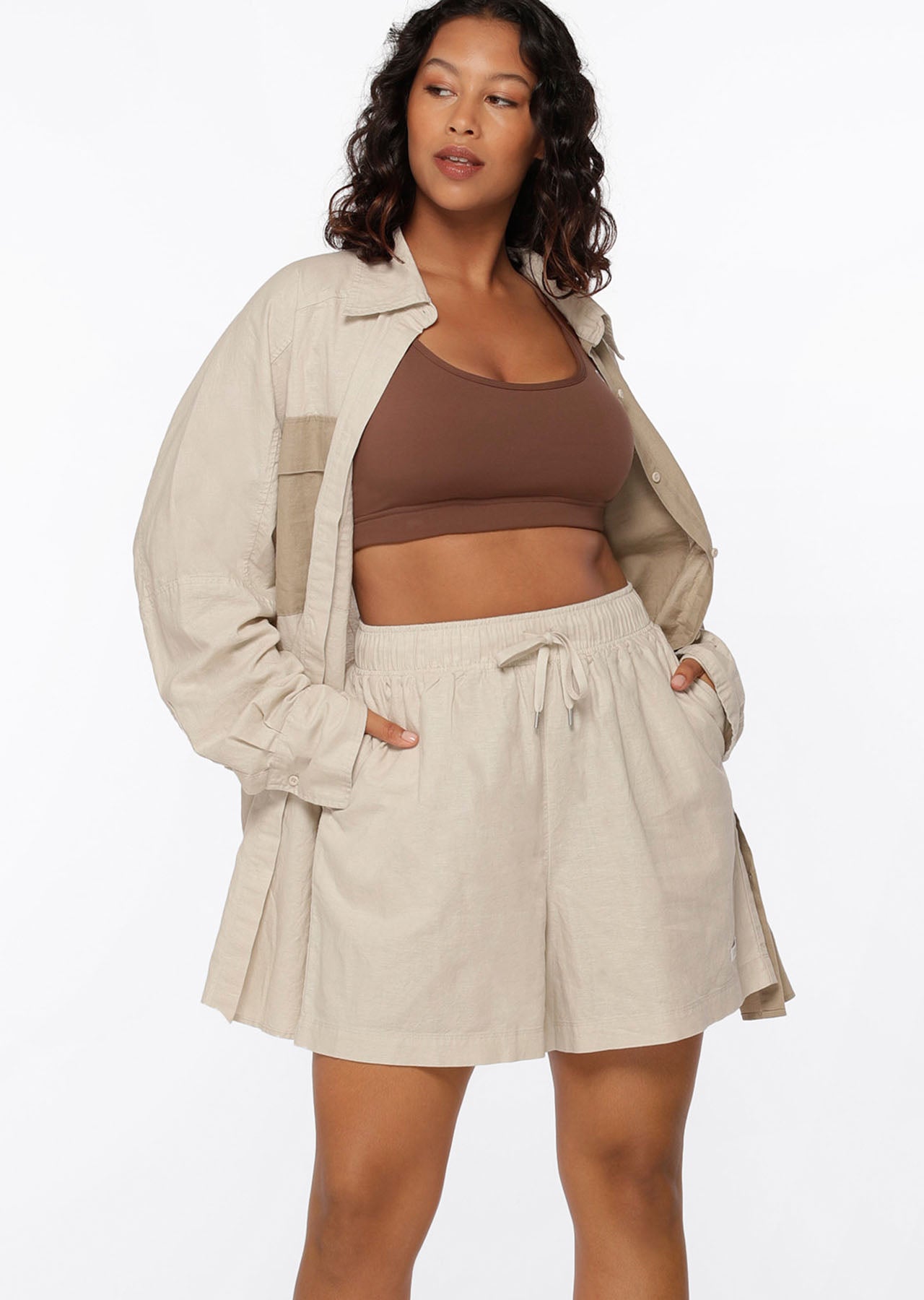 Lorna Jane Leisure In Linen Colourblock Shirt - Oyster
