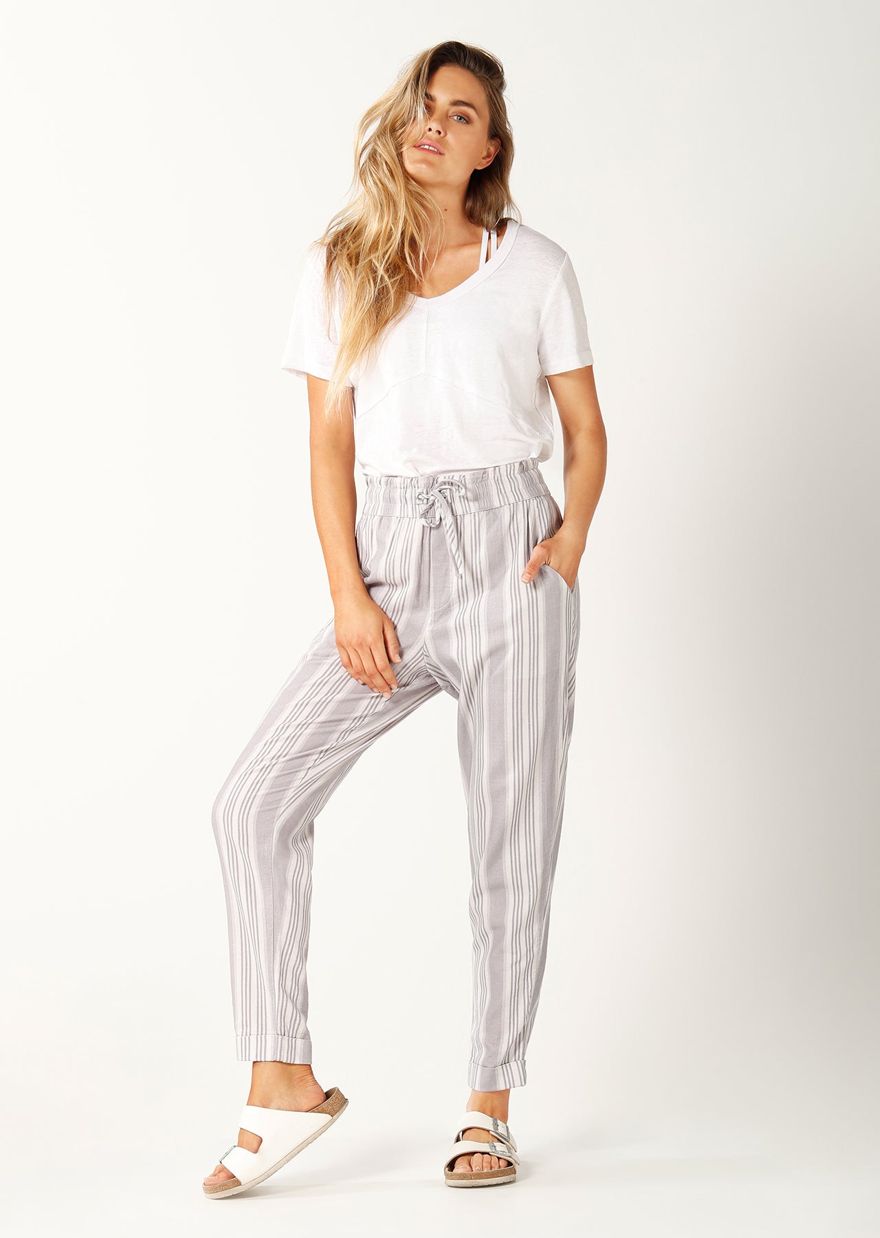 Lorna Jane Linen Active Pants - Pastel Grey/White