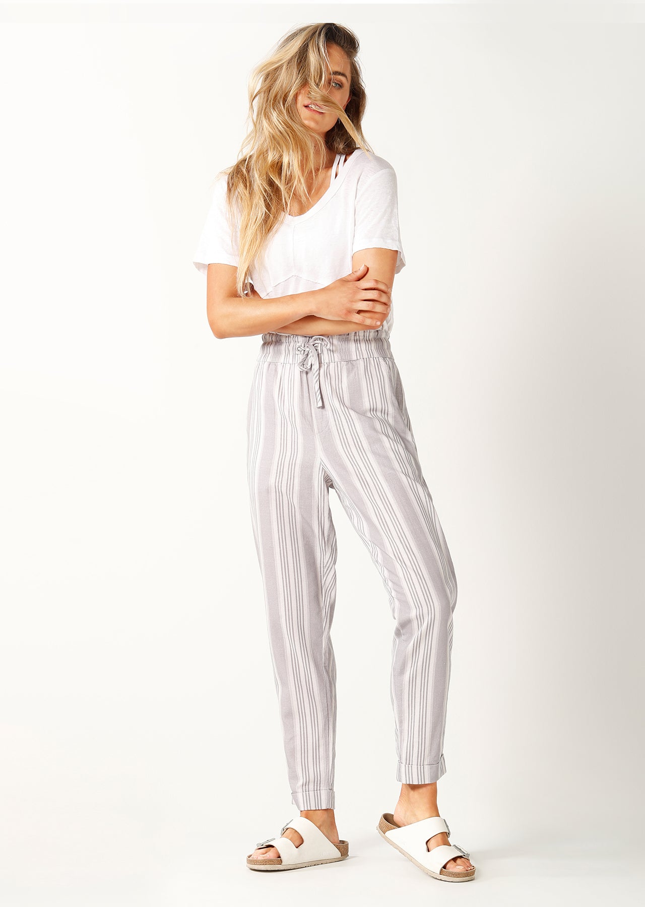 Lorna Jane Linen Active Pants - Pastel Grey/White