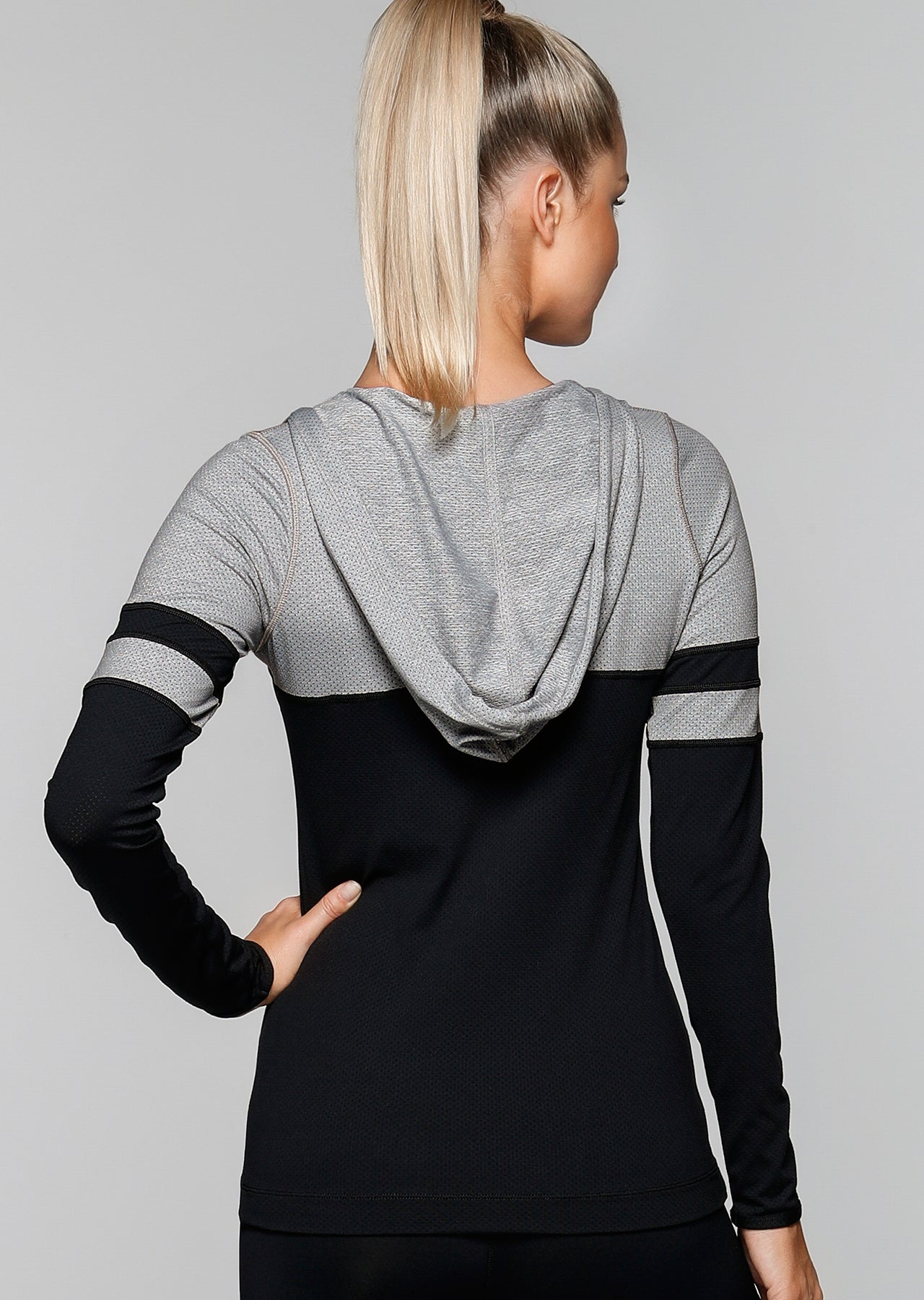 Lorna Jane Matchup Hooded Excel L/Slv Top - Black/Grey Marl