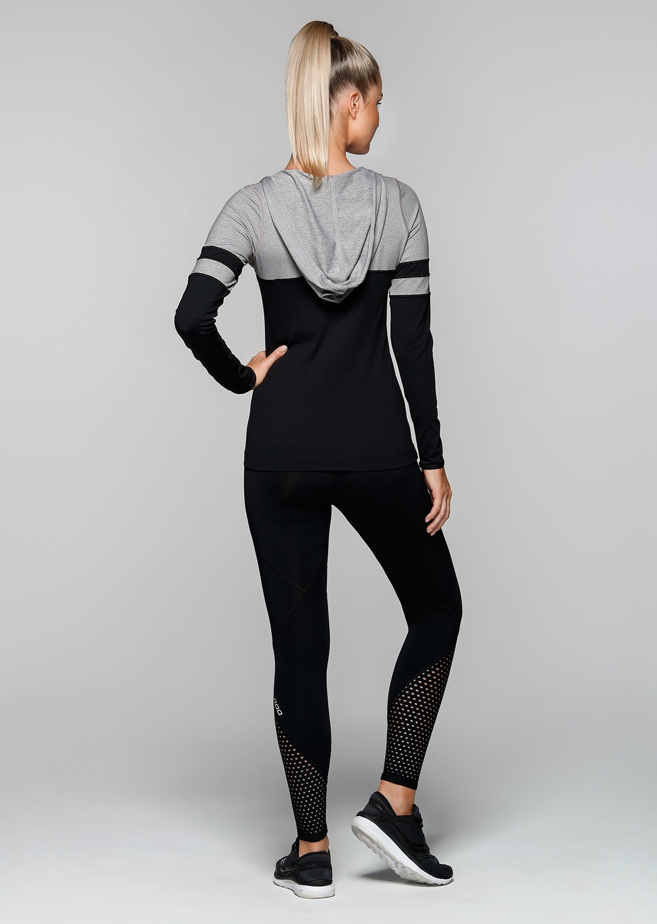 Lorna Jane Matchup Hooded Excel L/Slv Top - Black/Grey Marl