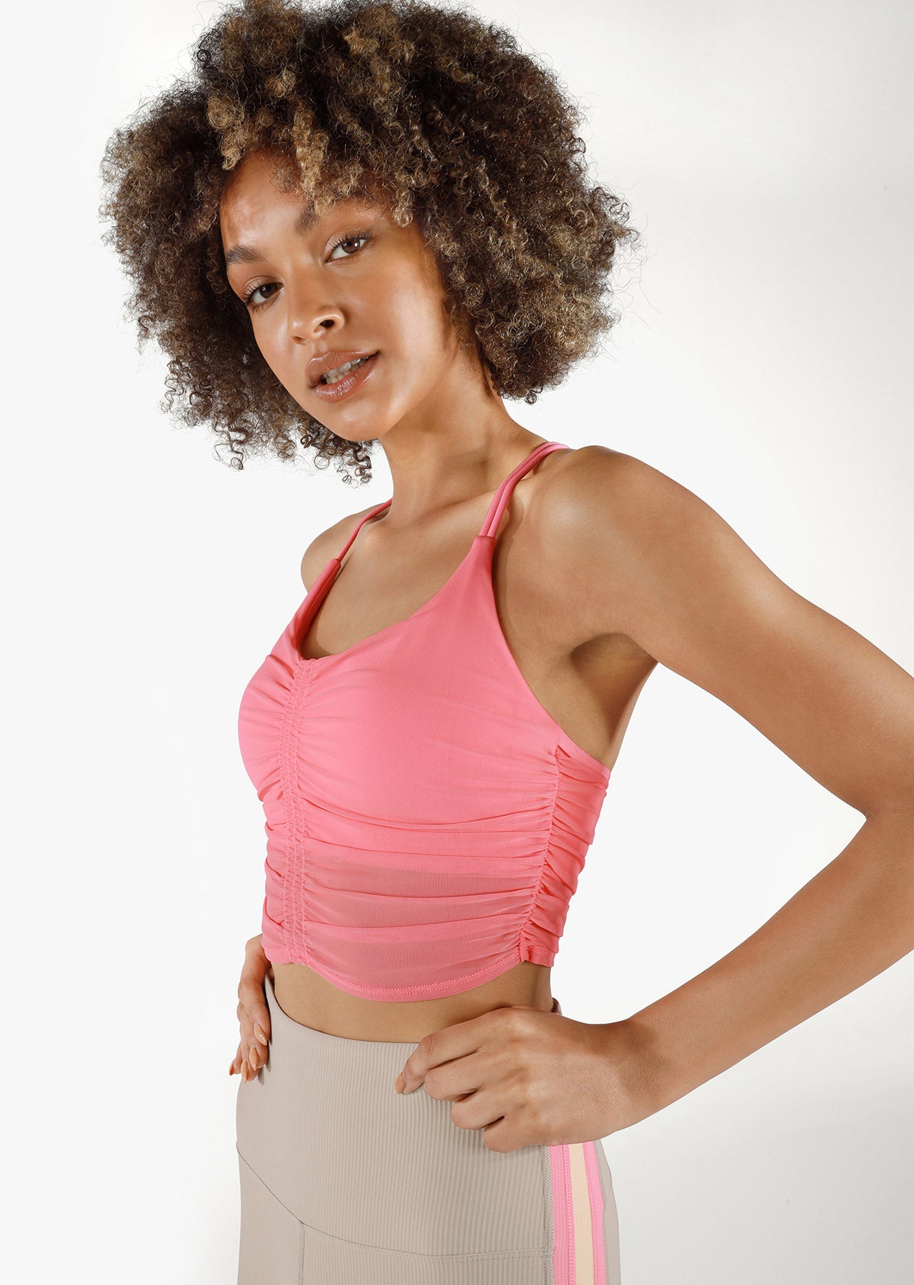 Lorna Jane Shirred Long Line Bra - Pale Pink Grapefruit