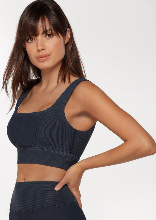 Lorna Jane Square Neck Rib Sports Bra - Washed Midnight Indigo