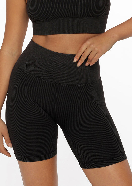 Lorna Jane Tempo Ribbed Seamless Bike Shorts - Washed Black