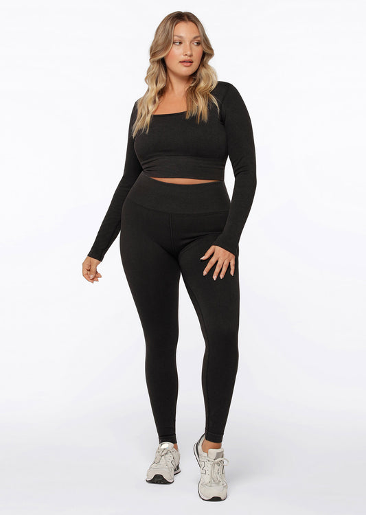 Lorna Jane Tempo Ribbed Seamless Full Length Leggings - Washed Black