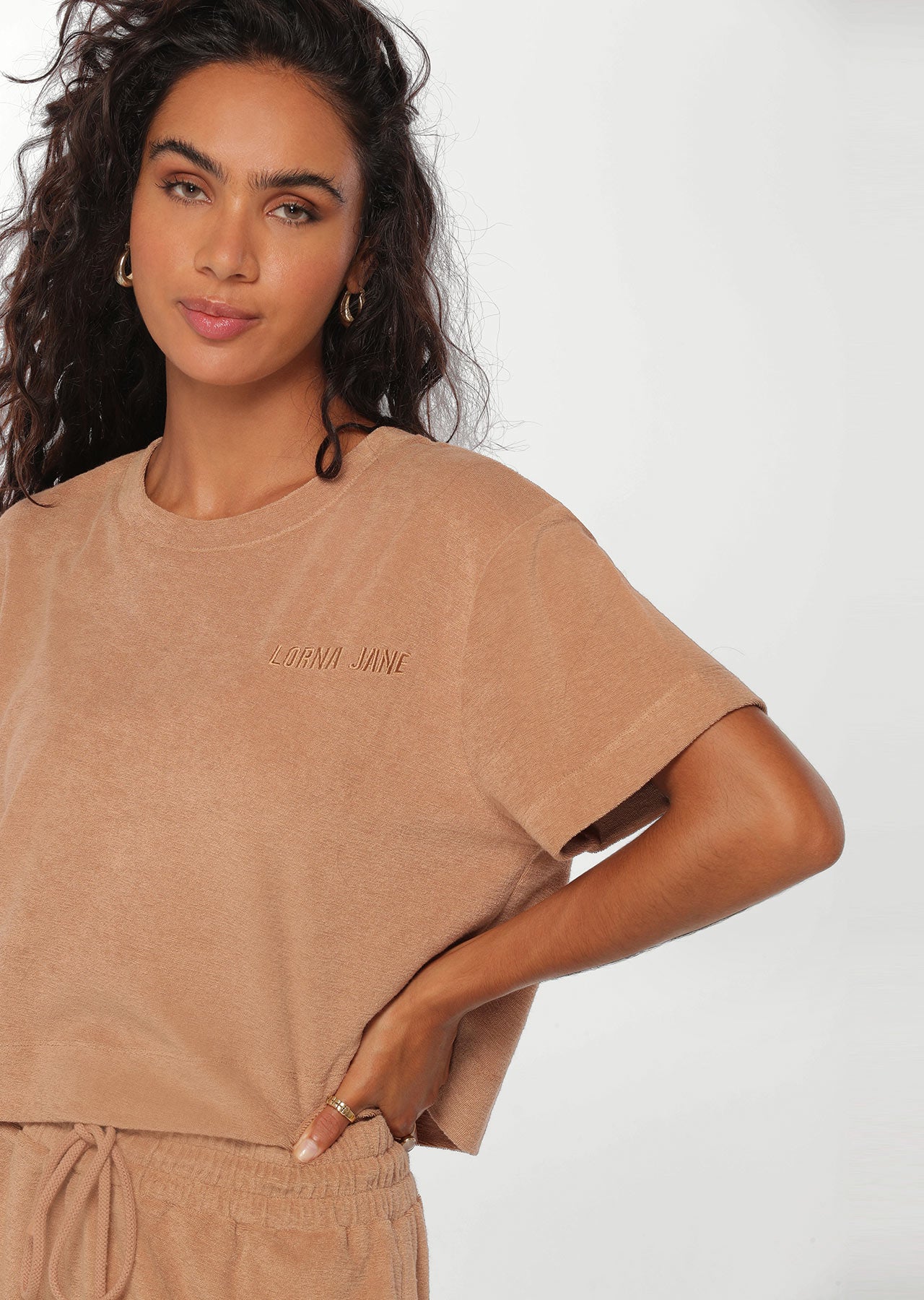 Lorna Jane Throwback Towelling Tee - Light Biscuit