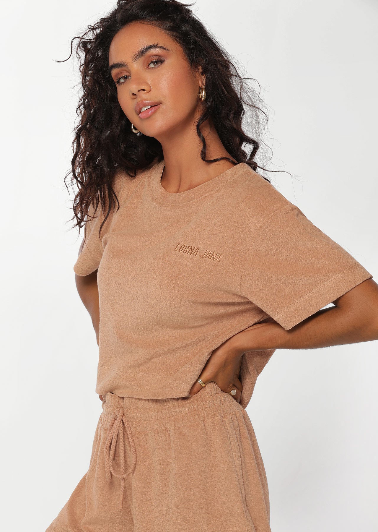 Lorna Jane Throwback Towelling Tee - Light Biscuit