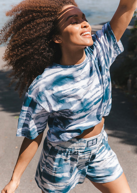 Lorna Jane Tie Dye Cropped Tee - Pale Indigo Tie Dye Print