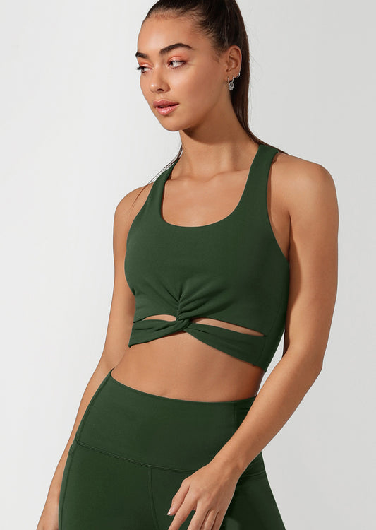 Lorna Jane Twist Long Line Sports Bra - Fig Green