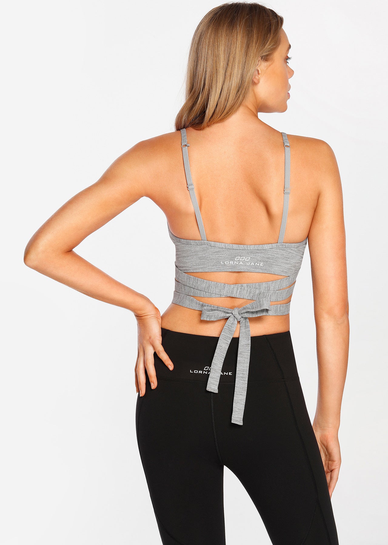 Lorna Jane Wrap it Up Bra - Mid Grey Marl Stripe